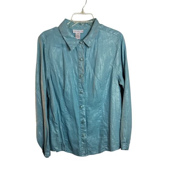 4289)Susan Graver  Aqua Blue Linen Metallic detail Button Up Long Sleeve Top L - Picture 1 of 8
